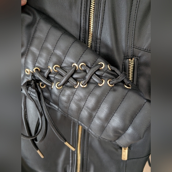 Guess Women's Black Faux Leather Moto Jacket with Gold Accents - Picture 6 of 9